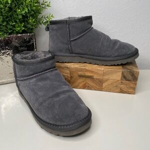 UGG Classic Ultra Mini Grey Suede Sheepskin Ankle Boots Women's Size 9 Cozy Warm
